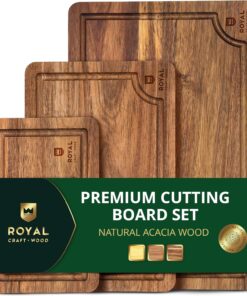 ROYAL CRAFT WOOD Acacia Wood Cutting Boards Set of 3 – Premium Wooden Cutting Boards for Kitchen Meal Prep & Serving - Charcuterie & Chopping Butcher Block for Meat with Deep Juice Groove Side Handles