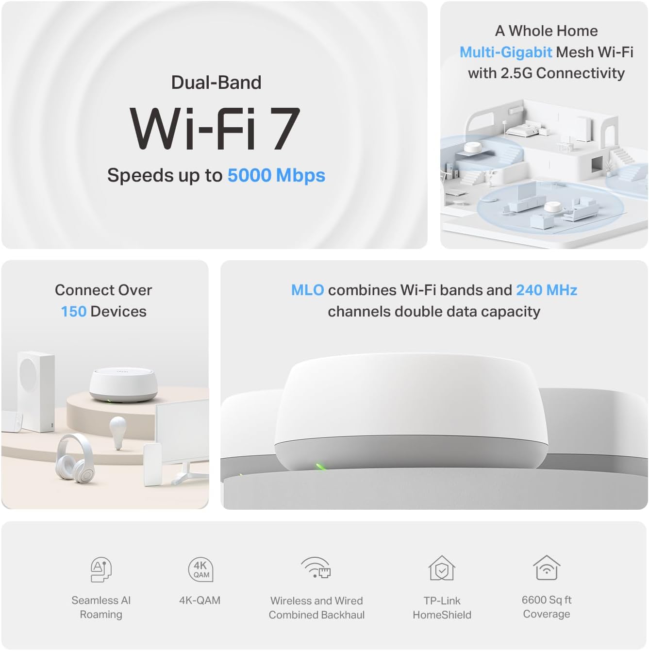 TP-Link Deco 7 BE25 Dual-Band BE5000 WiFi 7 Mesh Wi-Fi System 4-Stream 5 Gbps, 240 Mhz Covers up to 6,600 Sq.Ft 2X 2.5G Ports Wired Backhaul VPN,MLO, AI-Roaming, HomeShield, 3-Pack3 TP-Link Deco 7 BE25 Dual-Band BE5000 WiFi 7 Mesh Wi-Fi System | 4-Stream 5 Gbps, 240 Mhz | Covers up to 6,600 Sq.Ft | 2X 2.5G Ports Wired Backhaul | VPN,MLO, AI-Roaming, HomeShield, 3-Pack