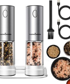 ThermoMaven 110ml Rechargeable Electric Salt and Pepper Grinder Set - 6 Adjustable Coarseness, Washable Parts, Built - in LED for Easy and Accurate Grinding, 2 Packs, Pearly White