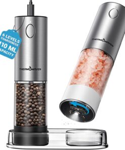 ThermoMaven Electric Salt and Pepper Grinder Set, 110ml Larger Rechargeable Automatic Salt and Pepper Mill Grinder with 6 Adjustable Coarseness, Salt and Pepper Shakers, LED, 2 Packs, Black & White