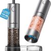 ThermoMaven Upgraded Larger Capacity Electric Salt and Pepper Grinder Set, 110ml Rechargeable Salt and Pepper Shaker with LED light, 6 Adjustable Coarseness, Stainless Steel, Black & Silver