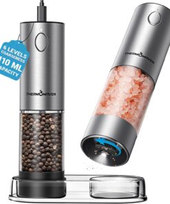 ThermoMaven Upgraded Larger Capacity Electric Salt and Pepper Grinder Set, 110ml Rechargeable Salt and Pepper Shaker with LED light, 6 Adjustable Coarseness, Stainless Steel, Black & Silver