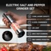 ThermoMaven Upgraded Larger Capacity Electric Salt and Pepper Grinder Set, 110ml Rechargeable Salt and Pepper Shaker with LED light, 6 Adjustable Coarseness, Stainless Steel, Black & Silver