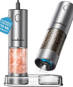 ThermoMaven Upgraded Larger Capacity Electric Salt and Pepper Grinder Set, 110ml Rechargeable Salt and Pepper Shaker with LED light, Stainless Steel Automatic Pepper Mill with 6 Adjustable Coarseness