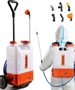 VEVOR 4 Gallon Battery Powered Backpack Sprayer with Wheeled Cart, Adjustable 0-94 PSI, 13FT Hose, 6 Nozzles, 2 Wands Included, Wide Mouth Lid for Weeding, Cleaning, Long Spray Time Without Fatigue
