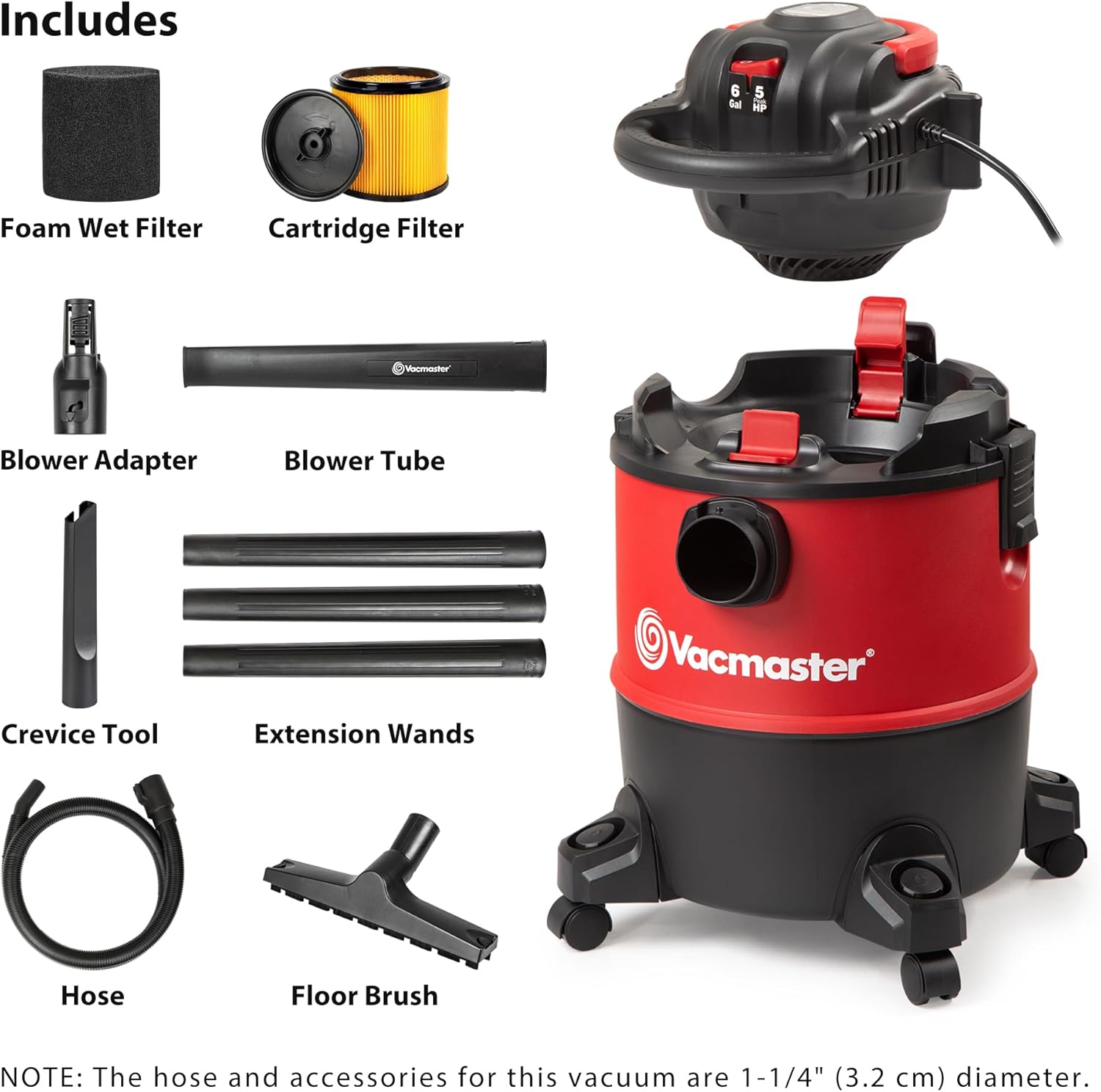 Vacmaster Wet Dry Vacuum with Detachable Blower 6 Gallon 5 Peak HP-VBVB611PF 11012 Vacmaster Wet/Dry Vacuum with Detachable Blower 6 Gallon 5 Peak HP-VBVB611PF 1101