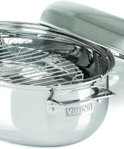 Viking 3-Ply Oval Roasting Pan, 8.5 Quart, Stainless Steel Kitchen Cookware with Metal Induction Lid and Rack, Great for Turkey, Dishwasher and Oven Safe, Silver