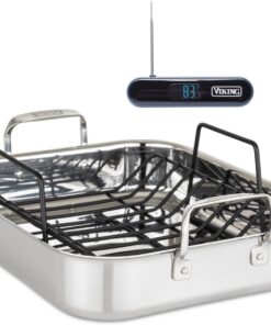 Viking 3-Ply Stainless Steel Roasting Pan with Non Stick Rack, 16 x 13 Inch Kitchen Cookware, Great for Turkey, Includes Probe Thermometer, Dishwasher and Oven Safe, Induction Ready, Silver
