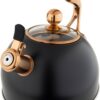 Viking 3-Ply Stainless Steel Tea Kettle, 2.6 Quart Stovetop Hot Water Pot with Tempered Glass Lid, Ergonomic Handle, Induction Ready, Matte Black and Copper