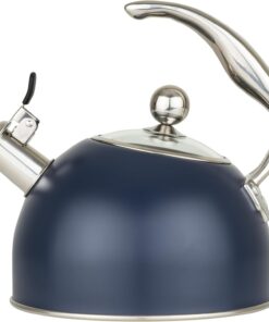 Viking 3-Ply Stainless Steel Tea Kettle, 2.6 Quart Stovetop Hot Water Pot with Tempered Glass Lid, Ergonomic Handle, Induction Ready, Slate and Blue