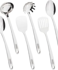 Viking Kitchen Utensils Set, 6 Piece Stainless Steel Cooking Utensil Set, Includes Spatulas, Spoons, Pasta Fork, and Deep Ladle, Hollow Forged, Silver