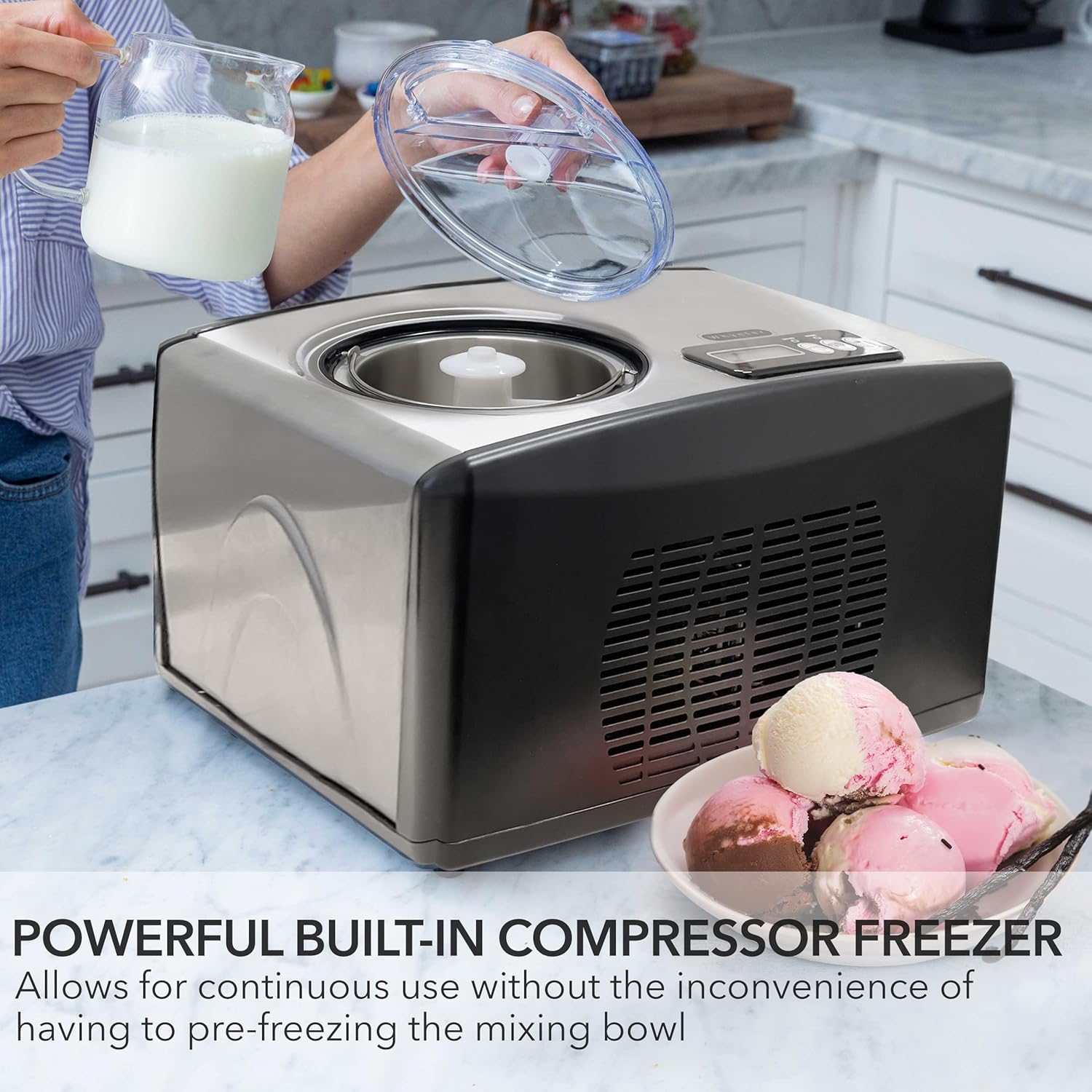 Whynter Ice Cream Maker Machine 1.6 Qt. Automatic with Built-In Compressor, LCD Digital Display & Timer, No Pre-Freezing, ICM-15LS, Stainless Steel6 Whynter Ice Cream Maker Machine 1.6 Qt. Automatic with Built-In Compressor, LCD Digital Display & Timer, No Pre-Freezing, ICM-15LS, Stainless Steel
