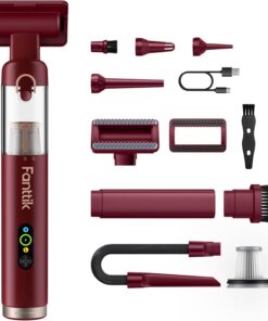 Fanttik Slim V10 APEX Cordless Car Vacuum, 4-in-1 Portable Mini Handheld Vac, 19kPa Suction Power, Upgraded Smart Digital Display, 2 Suction Modes for Small Jobs, Car, Office Desk, Keyboards (Red)