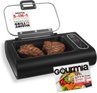 Gourmia Smokeless Indoor Grill - Air Fryer Combo with Smoke Extractor, 5 Cooking Presets, Grill, Air Fry, Roast, Bake, Dehydrate, Countertop Cooker, Glass Lid
