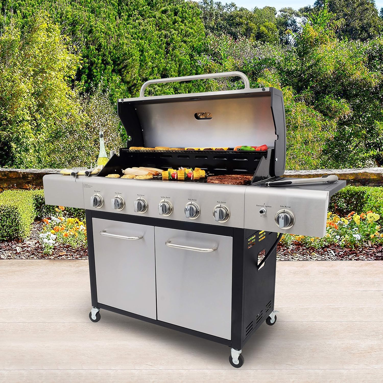 Kenmore 6-Burner Propane Gas BBQ Grill with Side Burner, 73,000 BTUs, Stainless Steel Cabinet Grill with Cast Iron Grates for Outdoor Cooking, Backyard BBQ, Patio, Large Parties1 Kenmore 6-Burner Propane Gas BBQ Grill with Side Burner, 73,000 BTUs, Stainless Steel Cabinet Grill with Cast Iron Grates for Outdoor Cooking, Backyard BBQ, Patio, Large Parties
