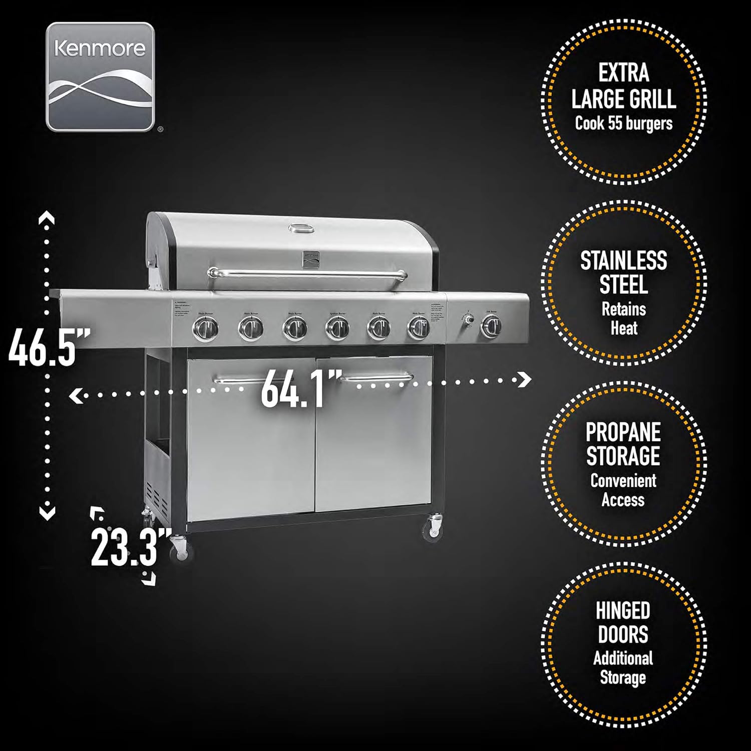 Kenmore 6-Burner Propane Gas BBQ Grill with Side Burner, 73,000 BTUs, Stainless Steel Cabinet Grill with Cast Iron Grates for Outdoor Cooking, Backyard BBQ, Patio, Large Parties5 Kenmore 6-Burner Propane Gas BBQ Grill with Side Burner, 73,000 BTUs, Stainless Steel Cabinet Grill with Cast Iron Grates for Outdoor Cooking, Backyard BBQ, Patio, Large Parties