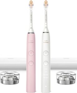 Philips Sonicare DiamondClean Connected Electric Toothbrush 2 Pack, x2 Sonic Toothbrushes, x2 Charging Travel Cases, x2 A3 Brush Heads, 12 Brushing Settings, (Pink and White), Model HX9912 72