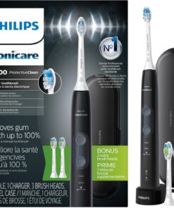 Philips Sonicare ProtectiveClean 5300 Rechargeable Electric Toothbrush, with Pressure Sensor, 3 Cleaning Modes, SmarTimer and QuadPacer, with 2 Bonus Brush Heads, Travel Case, Black, Model HX6423/34
