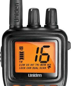 Uniden MHS75 Waterproof Handheld 2-Way VHF Marine radio, Submersible, Selectable 1/2.5/5 Watt Transmit Power. All USA/International and Canadian Marine Channels - Color Black