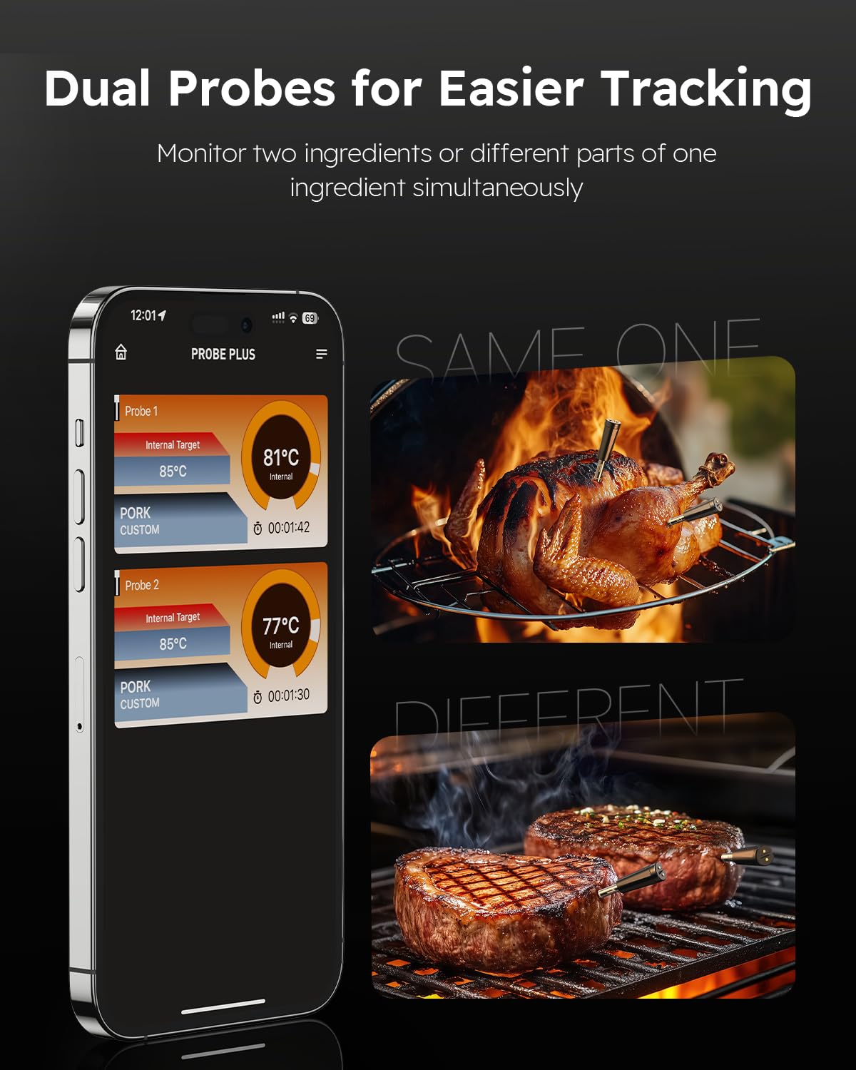 Wireless Meat Thermometer with App Control, 600FT Bluetooth Range, Dual Probes & 6 Sensors, 0.5S Instant Read, LCD Display, IP67 Waterproof Real-Time Monitoring & Smart Alerts for BBQ, Grill, Oven890 Wireless Meat Thermometer with App Control, 600FT Bluetooth Range, Dual Probes & 6 Sensors, 0.5S Instant Read, LCD Display, IP67 Waterproof Real-Time Monitoring & Smart Alerts for BBQ, Grill, Oven
