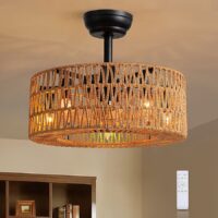 Antoine DCLW071 18-in Black Cage Wood Grain Ratten with Wood Grain Blades Fandelier Ceiling Fan With Light and Remote Control Included 7 -Blade