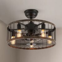 Antoine LSBD-37 20-in Farmhouse Black Cage with Black Blades Fandelier Ceiling Fan With Light and Remote Control Included 8 -Blade