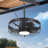 Breezary 24045-AB Weatherproof Powered 19-in Wet-rated Black with IPX4 ABS Blades LED Uncovered Outdoor Cage Ceiling Fan With Light and Remote Control Included 5 -Blade