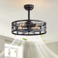 Breezary 29002-SR Caged/KD Version 20-in Black with Bluish-Gray Blades Cage Ceiling Fan With Light and Remote Control Included 7 -Blade