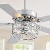 Breezary 30038-BK Crystal Modern 52-in Chrome with Silver and Wood Grain Blades LED Ceiling Fan With Light and Remote Control Included 5 -Blade