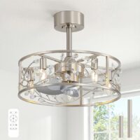 Breezary 32015-WH Modern Crystal Drum 20-in Satin Nickel with Sliver ABS Blades Cage Ceiling Fan With Light and Remote Control Included 5 -Blade