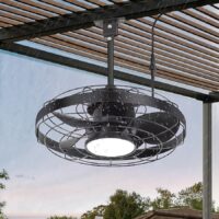 Breezary 32079-BK Outdoor Waterproof 20-in Matte Black with Black ABS Blades LED Covered Outdoor Cage Ceiling Fan With Light and Remote Control Included 5 -Blade
