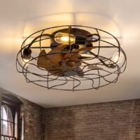 Breezary 33005-BK Enclosed/Low Profile 19-in Sleek Matte Black with wood Blades Flush Mount Cage Ceiling Fan With Light and Remote Control Included 7 -Blade