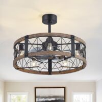 Breezary 35076-BK Vintage Drum Cage 28-in Black with White Oak with Smoked Black Blades Cage Ceiling Fan With Light and Remote Control Included 7 -Blade