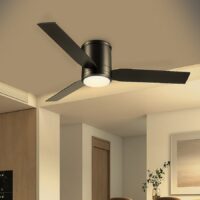 Globe Electric 37000062 Caledon 52-in Black with Matte Black Blades LED Covered Outdoor Flush Mount Smart Ceiling Fan With Light and Remote Control Included 3 -Blade