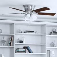 Harbor Breeze 40706 Centreville 52-in Brushed Nickel with Nutmeg/Cocoa Blades Flush Mount Ceiling Fan With Light and Pull Chain Included 5 -Blade