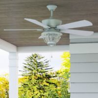 Harbor Breeze 42241 Merrimack II 52-in White with Driftwood White Blades Covered Outdoor Ceiling Fan With Light and Pull Chain Included 5 -Blade
