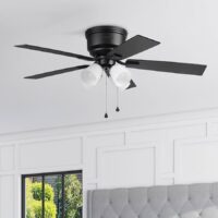 Harbor Breeze 43304 Coachman Easy2Hang 52-in Matte Black with Matte Black/Dark Chocolate Blades Flush Mount Ceiling Fan With Light and Pull Chain Included 5 -Blade