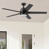 Harbor Breeze 43398 Flanagan III 52-in Matte Black with Black/Driftwood Blades Adjustable White LED Covered Outdoor Ceiling Fan With Light and Remote Control Included 5 -Blade