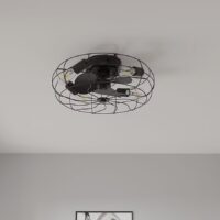 Harbor Breeze BR20MBK3LR Portside 20-in Matte Black with Matte Blades Covered Outdoor Flush Mount Cage Ceiling Fan With Light and Remote Control Included 3 -Blade