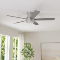 Harbor Breeze CAL52BNK5LRX Calverton Easy2Hang 52-in Brushed Nickel with Light Brown Woodgrain/Gray Blades LED Flush Mount Ceiling Fan With Light and Remote Control Included 5 -Blade