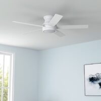 Harbor Breeze CAL52WW5LR Calverton 52-in White with White/Driftwood Blades LED Flush Mount Ceiling Fan With Light and Remote Control Included 5 -Blade