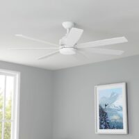 Harbor Breeze COG60MWW7LR Cogdell 60-in Matte White with Matte White/Driftwood Blades LED Covered Outdoor Downrod or Flush Mount Ceiling Fan With Light and Remote Control Included 7 -Blade