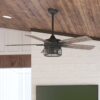 Harbor Breeze 43347 Lindholm 52-in Matte Black with Mocha/Espresso Blades Covered Outdoor Ceiling Fan With Light and Remote Control Included 5 -Blade