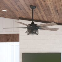 Harbor Breeze 43347 Lindholm 52-in Matte Black with Mocha/Espresso Blades Covered Outdoor Ceiling Fan With Light and Remote Control Included 5 -Blade
