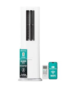 Hisense APT0825UW1WD Tower Inverter 8000 BTU (DOE) 115-Volt Vented Medium Room Smart Portable Air Conditioner with Heater, Remote Included