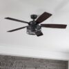 Honeywell 50614-26 Carnegie 52-in Matte Black with Rough Pine/Dark Chestnut Blades Cage Ceiling Fan With Light and Remote Control Included 5 -Blade