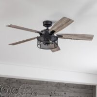 Honeywell 50614-26 Carnegie 52-in Matte Black with Rough Pine/Dark Chestnut Blades Cage Ceiling Fan With Light and Remote Control Included 5 -Blade
