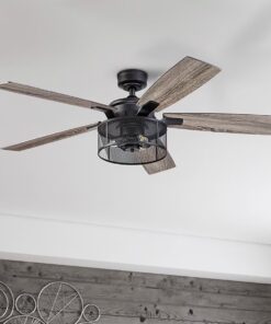 Honeywell 50614-26 Carnegie 52-in Matte Black with Rough Pine/Dark Chestnut Blades Cage Ceiling Fan With Light and Remote Control Included 5 -Blade