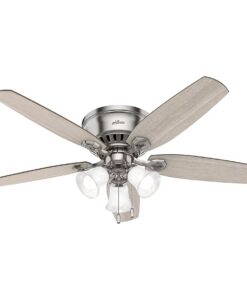 Hunter 51112 Builder Plus 52-in Brushed Nickel with Light Gray Oak Blades Flush Mount Ceiling Fan With Light and Pull Chain Included 5 -Blade