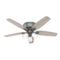 Hunter 51113 Builder Plus 52-in Matte Silver with Warm Grey Oak Blades Flush Mount Ceiling Fan With Light and Pull Chain Included 5 -Blade